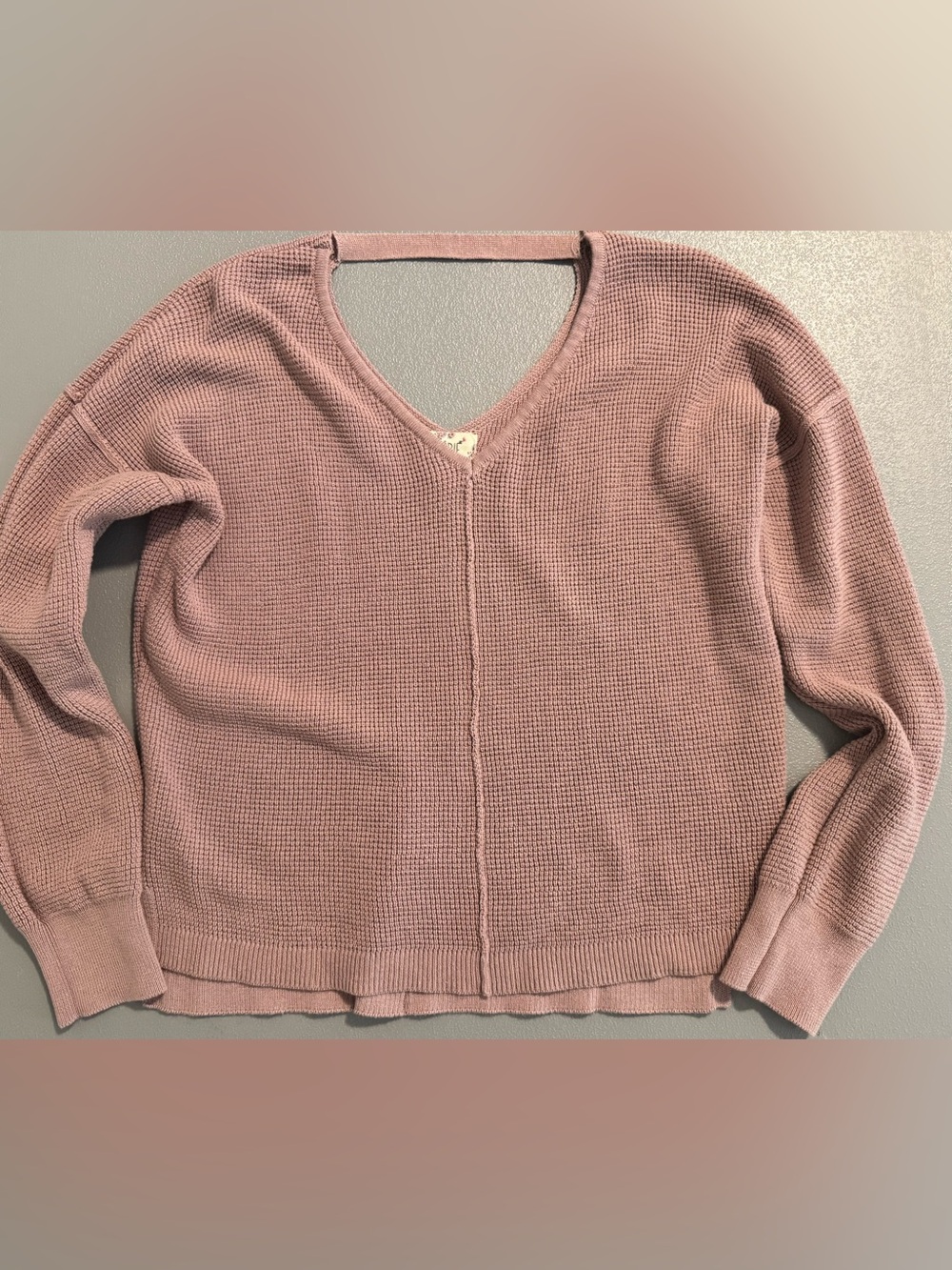 Hippie Rose Mauve Cotton Blend Waffle Long Sleeve V-Neck Sweater Small